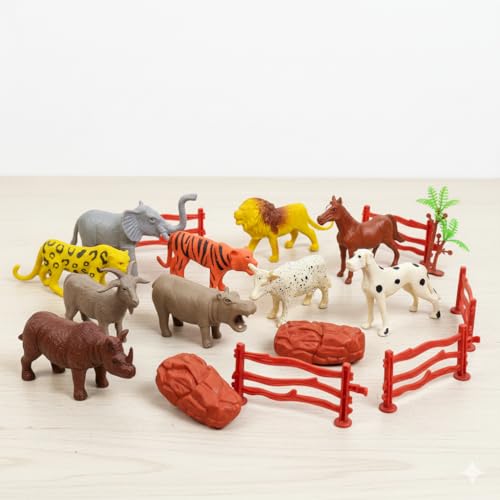 Image of ZESTHOME Forest & Jungle Animal Toys Set for Kids | Lion, Tiger & Wild Zoo Animals with Trees, Fence & Stones - Educational Safari Playset for Boys & Girls | 17 Piece