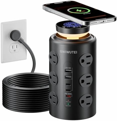 Tower Power Strip with Wireless Charging & Night Light - PD20W Fast Charging Station,12 Outlets, 5 USB (3 USB-C),1800J Protection, 10FT Extension Cord, Home Office Essentials(Black)