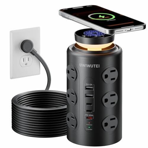 Image of Tower Power Strip Surge Protector with Wireless Charging & Night Light - PD20W Fast Charging Station,12 Outlets, 5 USB (3 USB-C),1800J Protection, 6FT Extension Cord, Home Office Essentials (Black)