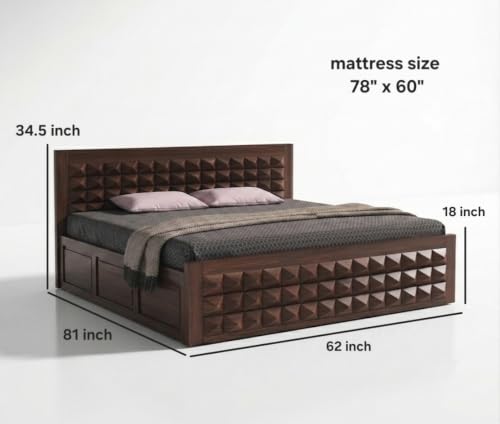 Image of Diamond Solid Sheesham Wood Queen Size Bed with Storage & Bedside|Wooden Box Queen Size Double Cot Bed with Storage Box+2 Side Tables for Home, Bedroom,Living Room,Hotel|Walnut Finish