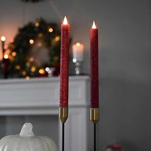 Image of Flameless Taper Candles Flickering with Remote and Timer, 3D Moving Flame Taper Candle Battery Operated to 400 Hours, 9 Inch Window Candles, (Glittter Red)