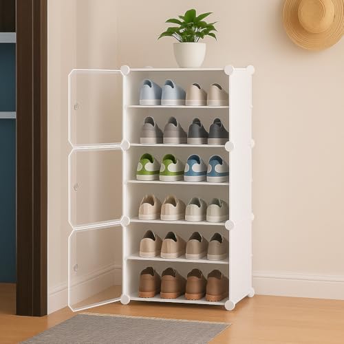 Image of Sunderlook Shoe Rack Plastic for Home- Shoe Stand, Chappal Stand, Professional Multipurpose Foldable Standing Comfort Runner Shoe Rack with Door, Slipper Stand (Off White, 6 Shelf 3 Door)
