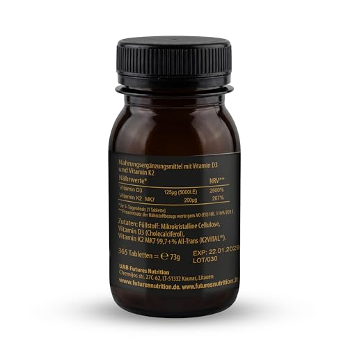 FUTURES NUTRITION 5000 I.E Vitamin D3 K2 Hochdosiert | Vegan | Beste Bioverfügbarkeit mit 99,7+% All-Trans Anteil | Nur 1 Tablette alle 5 Tage | Laborgeprüfte Reinheit | 365 Tabletten 6