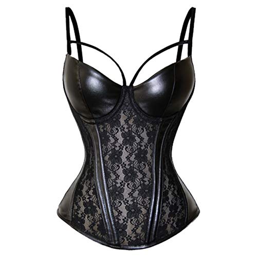 SxyBox Mujer Sexy Suspenders Corset Satin Lace Mesh Cuero Bustier Ropa Interior Conjuntos de Lencería 3 Piezas con G-String S-6XL,Negro