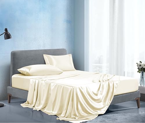 Image of Soft and Silk Satin Bedsheet for Double Bed - 400 TC Romantic Bedsheet Set for Bedroom | Bridal Wedding Bedsheet with Pillow Cover | Ideal for Gifting Ivory, Double Bed