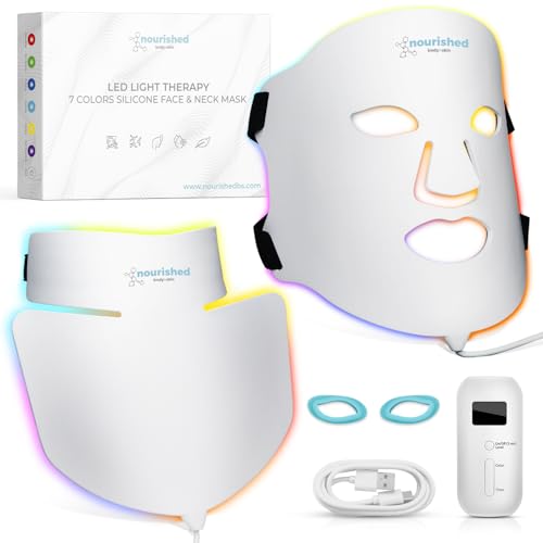 Nourished Bodynskin Máscara LED Facial, Terapia de Luz para Rostro y Cuello - Dispositivo para el Cuidado de la Piel y Arrugas - 7 Colores Rojo y Azul - Rejuvenecimiento, Producto Anti-envejecimiento