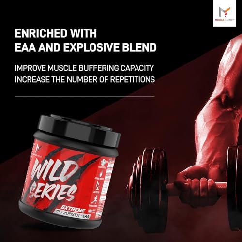 Image of MUSCLE FACTORY Wild Series Ultimate Pre-Workout Formula | Extreme blend with EAA for Energy, Strength, Mental Focus & Powerfull Pumps | (100gms - 20 servings) - Blood red with Free Shaker