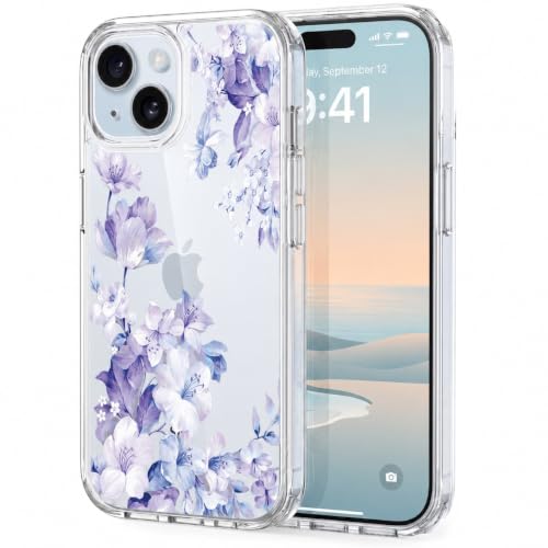 Image of VONZEE Clear Transparent Flower Case Compatible with iPhone 15 (6.1 inch), Shockproof Floral Design PC+TPU Back Cover, Full Camera Protection Slim Protective Phone Case for Women & Girls, Purple