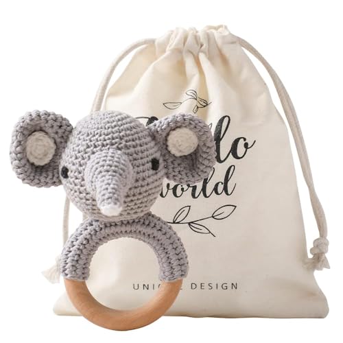 Image of Wooden Baby Rattle Shaker Toy Crochet Elephant Ring Rattle, Newborn Animal Rattle Toys, Baby Toys for Baby and Infant