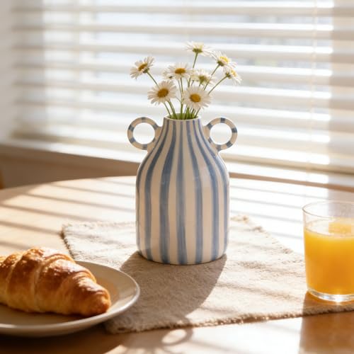 Image of Ceramic Blue and White Striped Vase with Handle, Modern Minimalist Coastal Decor Home for Centerpieces for Tables, Kitchen Office, Bookshelf, Bedroom Aesthetic Decor (A)