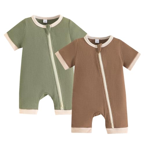 Image of Bafeicao Unisex Baby Boy Girl 2/3 Pack Rompers Short Sleeve 2 Way Zipper One Piece Jumpsuits Clothes Sets