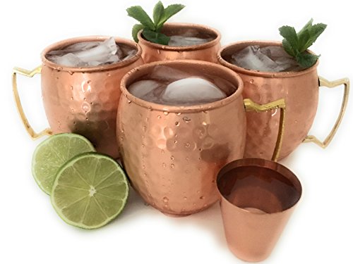 Official Moscow Mule Copper Mug Gift Set by Sterling Chef with Pure Copper 16 Ounce Mugs Plus Bonus Shot Glass in 100 Percent Hand Hammered Copper - Gift Set of 4 Cups
