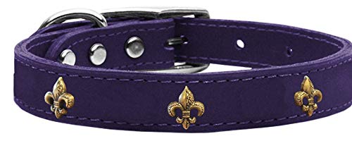 Mirage Pet Products Bronze Fleur De Lis Widget Leather Dog Collar, Size 22, Purple