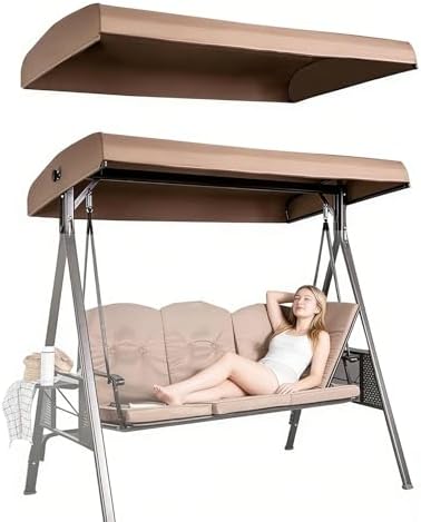 Replacement Swing Canopy Cover for 2 & 3 Seater Garden Swing Seat, Waterproof Polyester Top, Outdoor Hammock Canopy for Patio & Porch, Khaki 158x118cm/62x46.4inch
