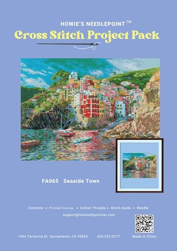 Image of Howie's Cross Stitch Kits, 14CT Pre-Printed Pattern Embroidery Set Needlework, Full Range of Stamped Starter Kits(The Seaside Town, 18.9 x 14.57 inch)