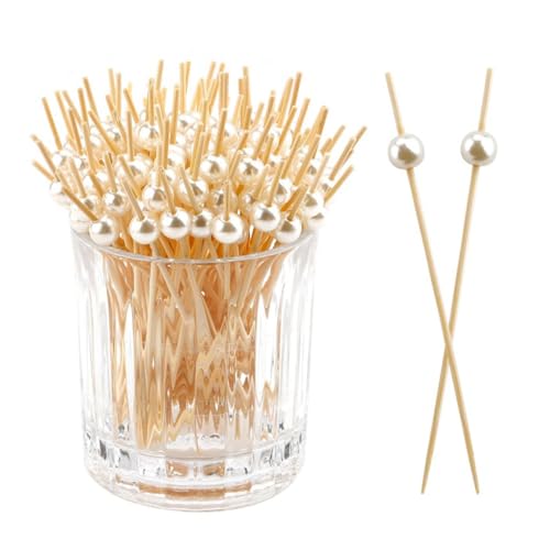 ZFRITP 100 Pics À Cocktail, Pique Aperitif, 12 Cm, Cure Dents en Bambou pour pour Apéritifs, Brochettes, Decoration Cocktail, Pic Aperitif en Perles Blanches...