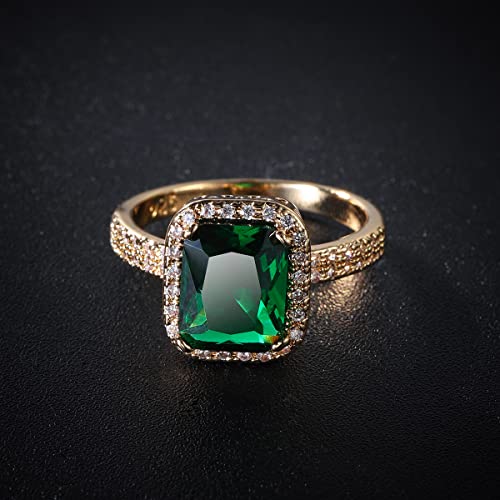 Green Simulated Emerald Yellow Gold Plated Rings for Women,Fashion Cubic Zirconia CZ Engagement Promise Ring Size 6-10 (US Size 7)4