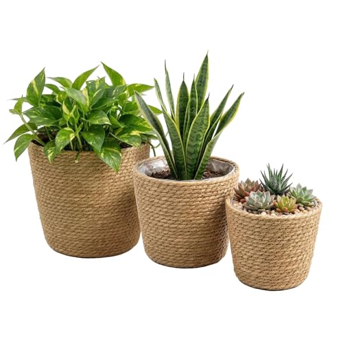 Image of GEEZY Set of 3 Wicker Planter Baskets 24.5/22.5/18 cm - Leakproof Indoor Flower Pot & Rattan Storage Hamper, Woven Seagrass, Built In Plastic Lining - Great for Houseplants, Toiletries, Makeup, Toys