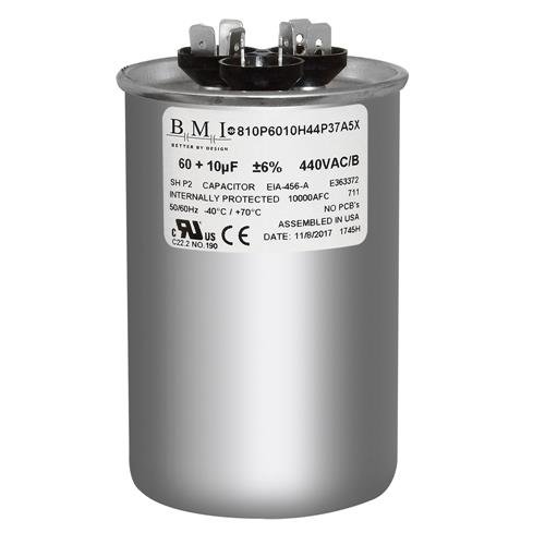 60 + 10 uF x 370 or 440 VAC Round - BMI USA Made Capacitor # 810P6010H44P37A5X Universal Replacement