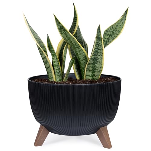 KONZEPT Pflanzenschale mit Füßen 33 cm Blumentopf Kunststoff Schwarz, Pflanzkübel Groß Außen, UV-Beständig, Wetterfest, Mit Wasserablauf, Perfekt für Solarbrunnen & Miniteich