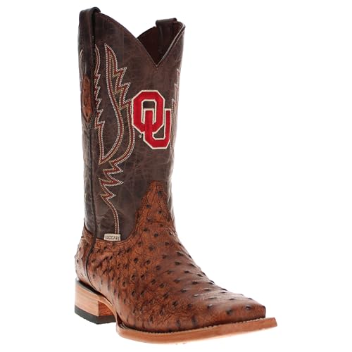 Vaccari Men's Cooper Genuine Brown Distressed Ostirich Print Leather OU Sooners Embroidery Broad Square Toe Cowboy Boots - 8