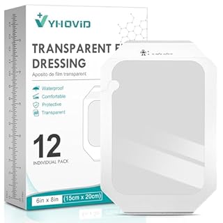 Transparent Film Dressing 6'' x 8'' Box of 12 - Waterproof Bandages for Swimming, Showering, Wounds, Post Surgical Shower or IV Shield, Tattoo Aftercare Bandage, Scar Therapy, Adhesive Patches