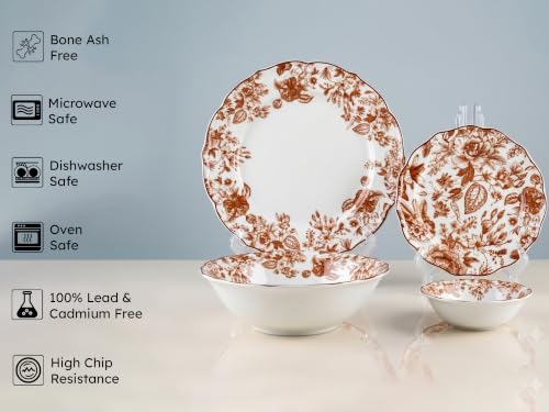 Image of Bodhi House Porcelain Dinner Set 20 Pieces - Brown Leaf White Dinnerware Set | 6 Dinner Plates, 6 Quarter Plates, 6 Katori Bowls, 2 Serving Bowls | Premium Crockery Set for Dining, Kitchen & Gifting