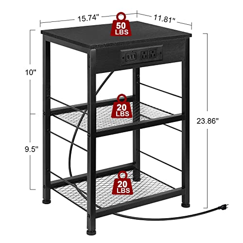 Black Nightstand With Charging Station And Usb Ports Industrial End Table With Metal Storage Shelf 3 Tier Bedside Table For Small Spaces, Dorm, Living Room, Bedroom #TOP2