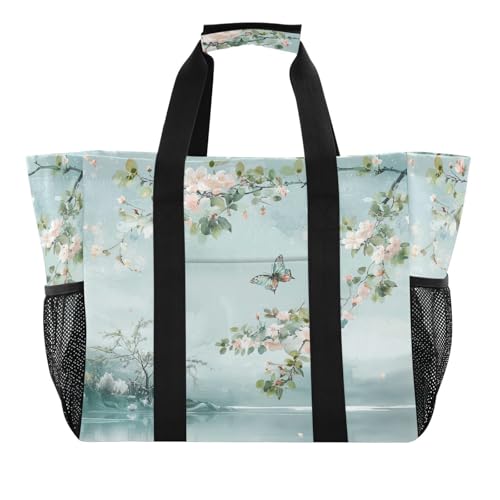 YETTASBIN Flower Butterfly Large Foldable Travel Tote Bag, Lightweight Waterproof Swim Pool Bag with Handles & Pocket for Beach Outdoor, Reusable Grocery Bag for Kitchen, Shopping2