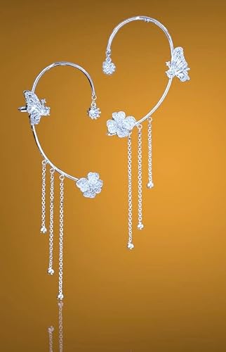 New Silver Trendy Crystal Diamond Flower Clip On Earrings No Piercing Cuffs Iced Out Zircon Cz Tassel Butterfly Ear Cuff Earring #TOP6