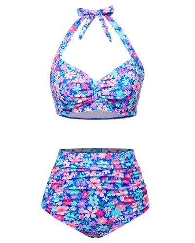 Image of Holipick Women High Waisted Bikini Set Two Piece Swimsuit Tummy Control Bathing Suit Vintage Halter Swimwear