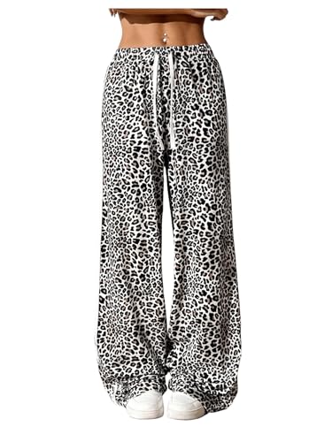 Milumia Women's Leopard Print Drawstring Waist Pants Wide Leg Loose Fit Long Trousers