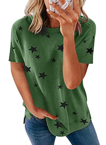 Diukia Womens Plus Size Loose Crewneck Star Print T Shirt Trendy Graphic Short Sleeve Tee Tops Casual Round Neck Side Split T-Shirts Summer Cute Tees for Teen Girls Juniors Ladies Green 2XL