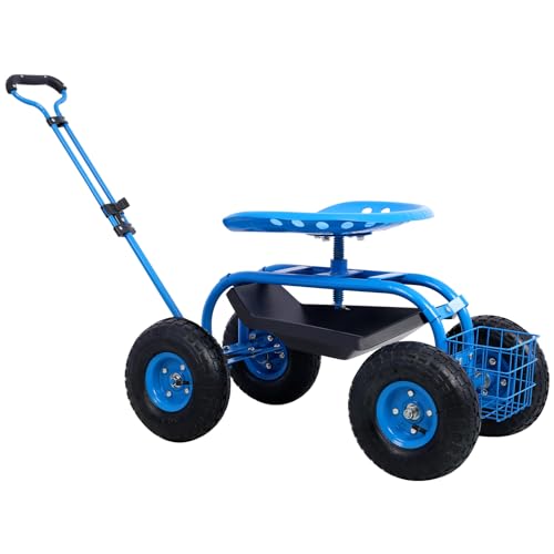 Carrito de Jardín Scooter con Asiento Giratorio 360°, Estructura de Acero Resistente, Taburete Rodante con 4 Ruedas, Asa Ajustable y Bandeja de Almacenamiento, para Trabajo en el Jardín (Azul)