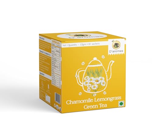 Image of D'aromas Chamomile Lemongrass Tea Bags | Relaxing chamomile & Refreshing lemongrass Blend | Calming Floral Aroma | Herbal Wellness Infusion | 10 Tea Bags (1.5g Each) | D'aromas Herbal Tea