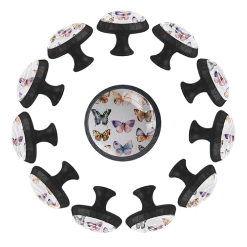 IROLSKDNFH 12 Pieces Collection of Colorful Butterflies Glass Knobs for Dresser Drawers, 1.37 x 1.10 in Round Kitchen Cabinet Pulls for Home Office Nursery Kids Room