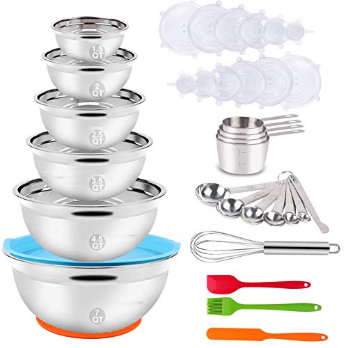 Alpacasso Rührschüsselset, 35-teilige Küchenutensilien mit Nistschalen aus Edelstahl, Messbecher und Löffel, 12 Wiederverwendbare Silikon-Stretchdeckel, rutschfestes Mattei-Schneebesen-Backset.