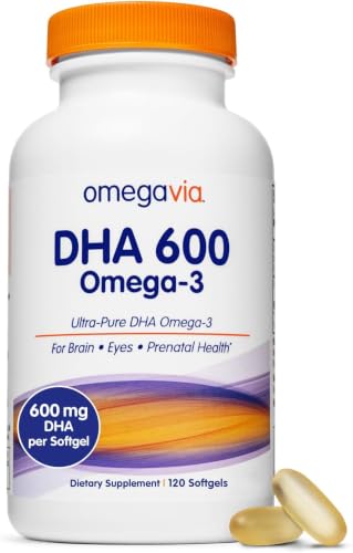 OmegaVia DHA 600 mg Ultra Pure Omega-3 DHA Supplements for Brain and Eyes DHA Prenatal Vitamins for Women Burpless Fish Oil Omega 3 IFOS Tested 120 Softgels