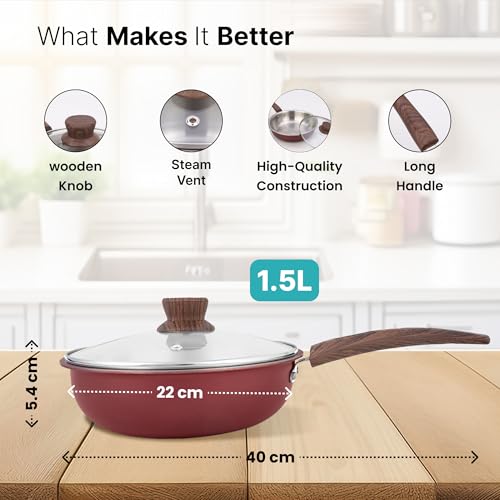Image of The Better Home 2.5mm Triply Aluminium Coated Fry Pan (1.5L-22cm) with Glass Lid | Gas & Induction Fry Pan for Deep Frying (Red)