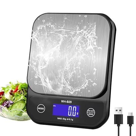 3T6B Cyfrowa waga kuchenna, 5 kg/0,1 g, bardzo precyzyjna waga cyfrowa, z dużą powierzchnią ze stali nierdzewnej, ładowanie przez USB, wodoszczelność IP67