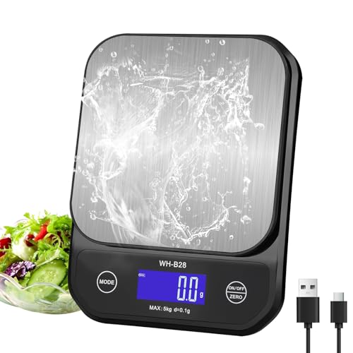 3T6B Balance de cuisine numérique étanche IP67, rechargeable, avec port USB, échelle numérique haute précision 5 kg/0,1 g, avec écran LED, pour la cuisine, la pâtisserie