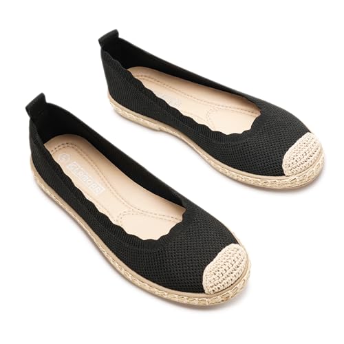 Alpargatas Mujer Verano Bailarinas Bicolor de Punto Transpirable con Suela de Esparto Zapatos Planos sin Cordones (Black, Adulto, Mujer, 38, Números, Sistema Tallas Calzado EU, Mediano)