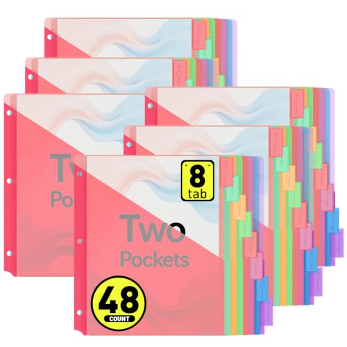 48 Counts Dividers with 2 Pockets, 8 Tabs Binder Dividers for 3 Ring Binder, Plastic Binder Dividers with Tabs for Office & School Organization Supplies, Multicolor, Letter Size, 6 Sets