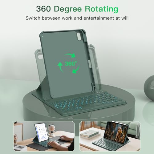 Image of RAYMCRAFT for iPad 11th(A16, 2025) /10th Generation Case with Keyboard, 360 Rotatable Case & Detachable Backlit Keyboard, Precision Cutouts and Pen Holder for iPad A16 11'' /10th 10.9'', Olive Drab