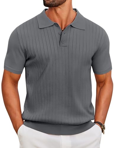 COOFANDY Mens Polo Shirts Short Sleeve Knitted Polo Designer Golf T Shirt for Men UK Stretch Regular Fit Casual Button Polos Summer Dark Grey L
