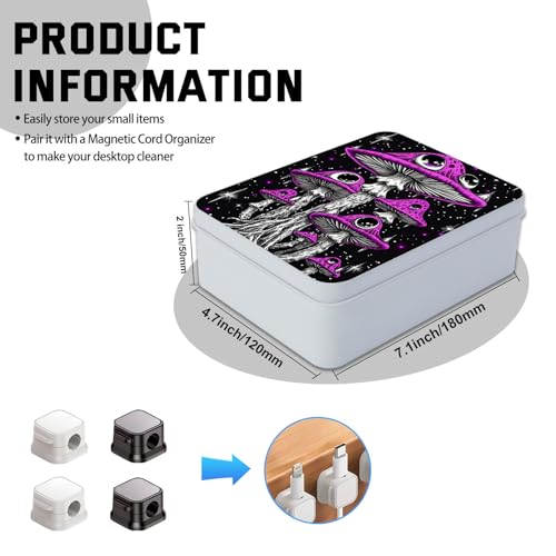 Image of Metal Tin Box with Lid,Multi-functional Storage Large Box Can Store Tea Biscuits Game Cards, Playing & Tarot Cards-Comes with 4 Magnetic Cord Clips,Psychedelic Purple Mushrooms