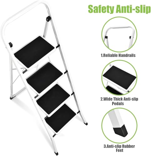 Soctone Step Ladder 4 Step Folding with Anti-Slip Pedal, Lightweight 4 Step Ladder with Handrails, 330 lbs Capacity Perfect for Kitchen & Household, White - Image 6