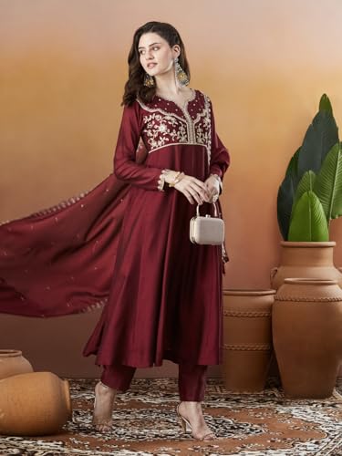 Image of MOKOSH Women's Silk Anarkali Kurta Pant with Dupatta | Anarkali Kurta Set | Embroidered | Ethnic Wear | Notch Neck Full Sleeve