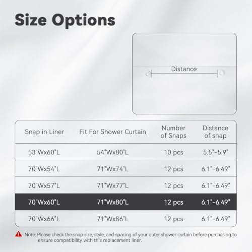 EUTXL White Snap-in Liner 70" Wx60 L, for 71" Wx80 L No Hook Shower Curtain