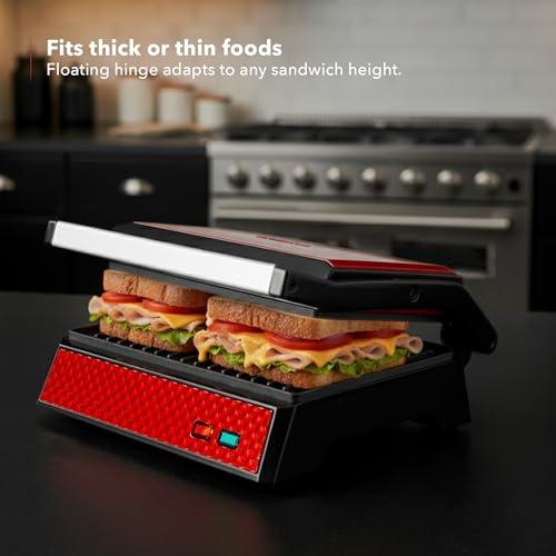 OVENTE Electric Indoor Panini Press Grill and Sandwich Maker with Non-Stick Coated Plates, Cool-Touch Handle and Removable Drip Tray, Opens 180 Degrees to Fit Any Type or Size of Food, Red GP0620R by OVENTE - Used condition - Image 4